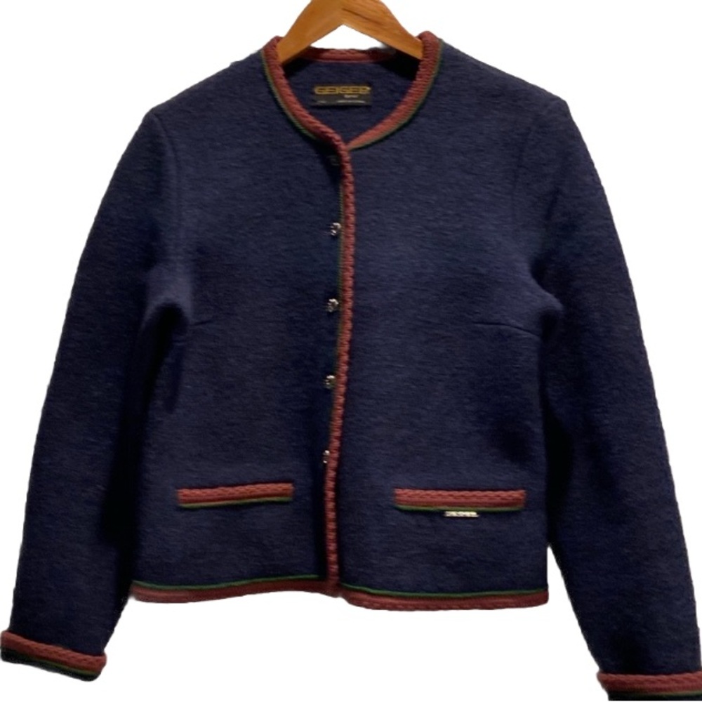 Geiger Tyrol Austria Boiled 100% Pure Wool Jacket  Cardigan Size 42 Accent Trim